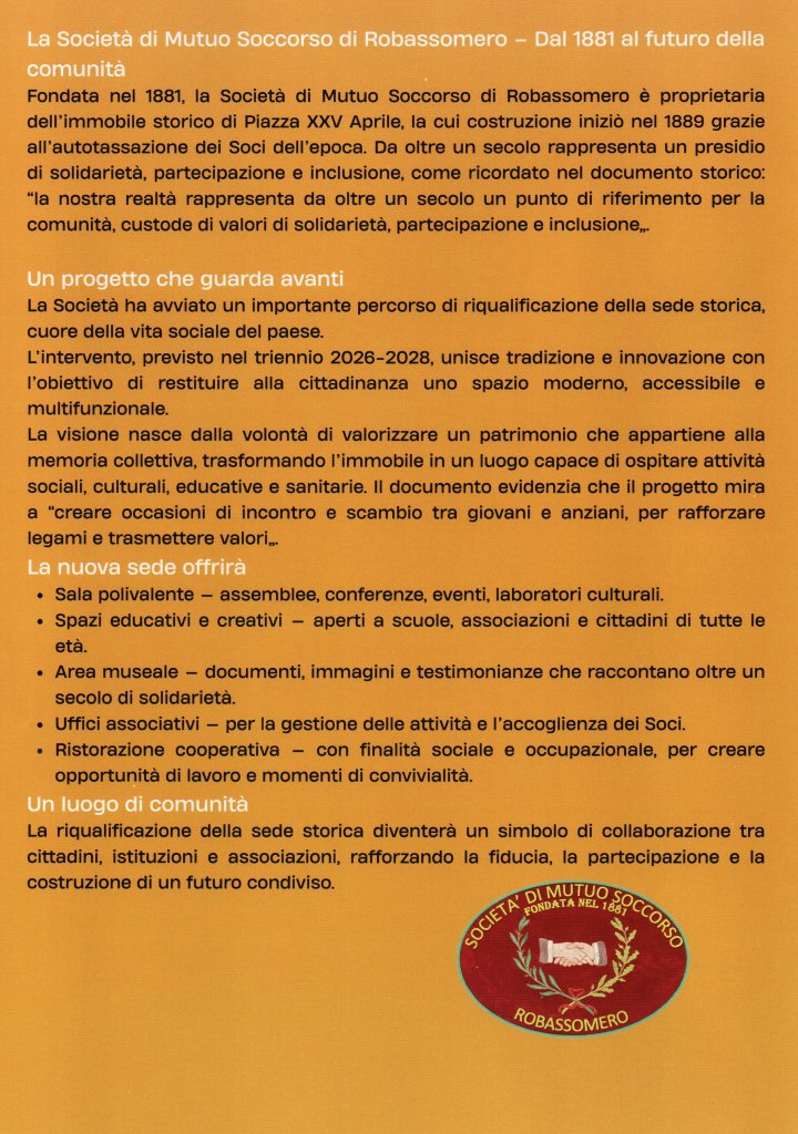 Documento informativo sulla Società di Mutuo Soccorso di Robassomero, evidenziando la sua storia, missione e progetti futuri per la comunità.