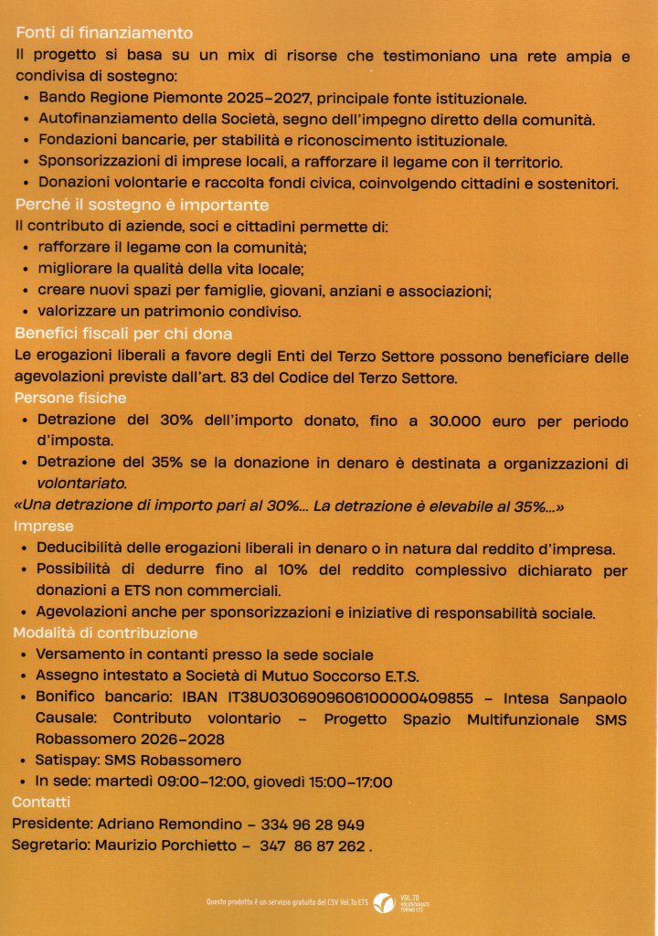 Un poster informativo sui fondi di finanziamento per un progetto della Regione Piemonte, evidenziando le fonti di sostegno e l'importanza del supporto della comunità. Include dettagli su contributi fiscali per donatori e modalità di partecipazione.